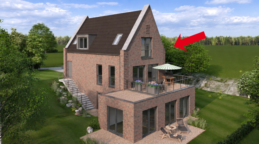 Zwischen Weite & Wasser-hochwertige Ferienwohnung in begehrter Lage! Haus 45 WG 1 - Außenansicht mit Pfeil (48605)