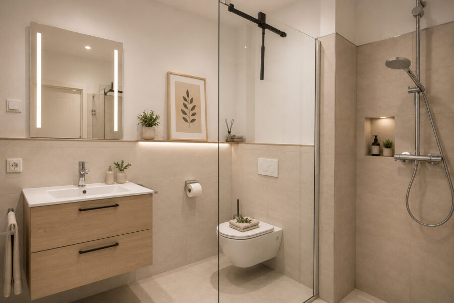 Nordsee erleben & profitieren - Traumferienwohnung in Dangast Nr. 44 WG 1 - Badezimmer unten - virtuell erstellt (43020)