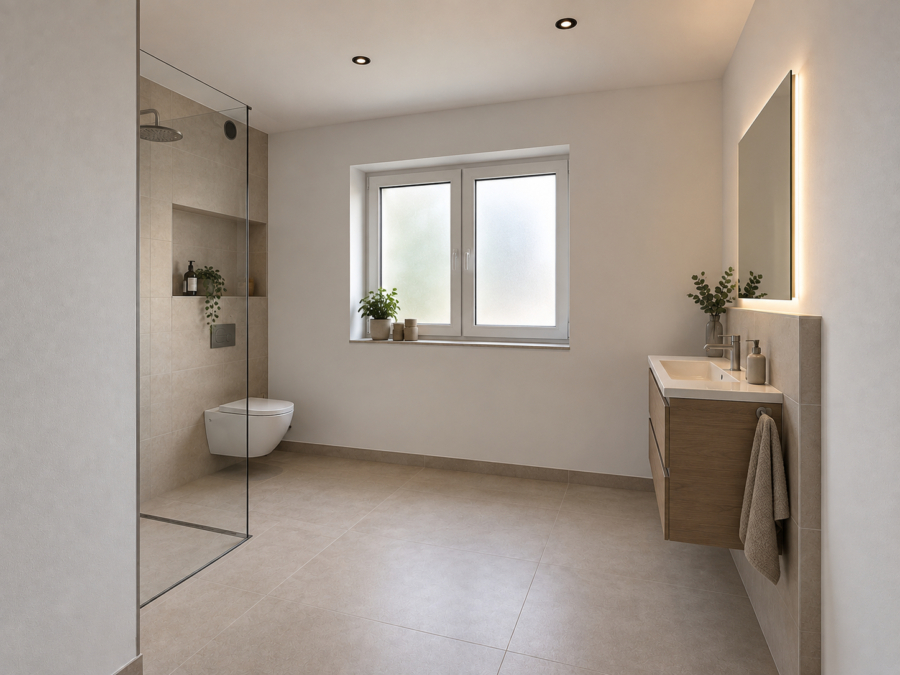 Neubau trifft Energieeffizienz: Moderne Doppelhaushälfte in Zetel - Badezimmer - virtuell eingerichtet (48885)