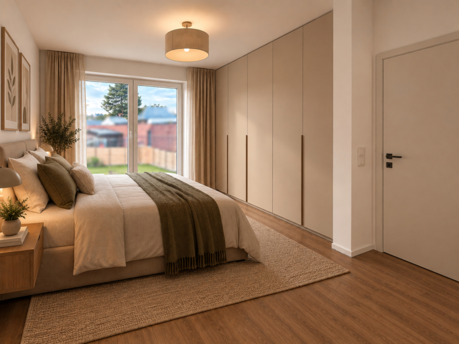 Neubau trifft Energieeffizienz: Moderne Doppelhaushälfte in Zetel - Schlafzimmer - virtuell eingerichtet (48879)